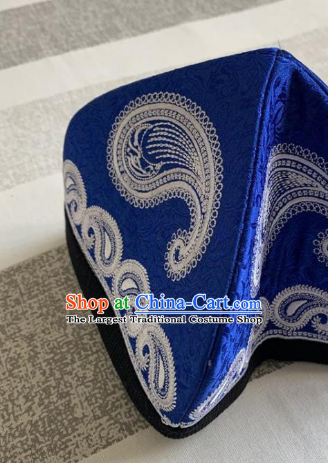 Chinese Xinjiang Minority Performance Headdress Ethnic Male Royalblue Hat Uyghur Nationality Dance Embroidered Headwear