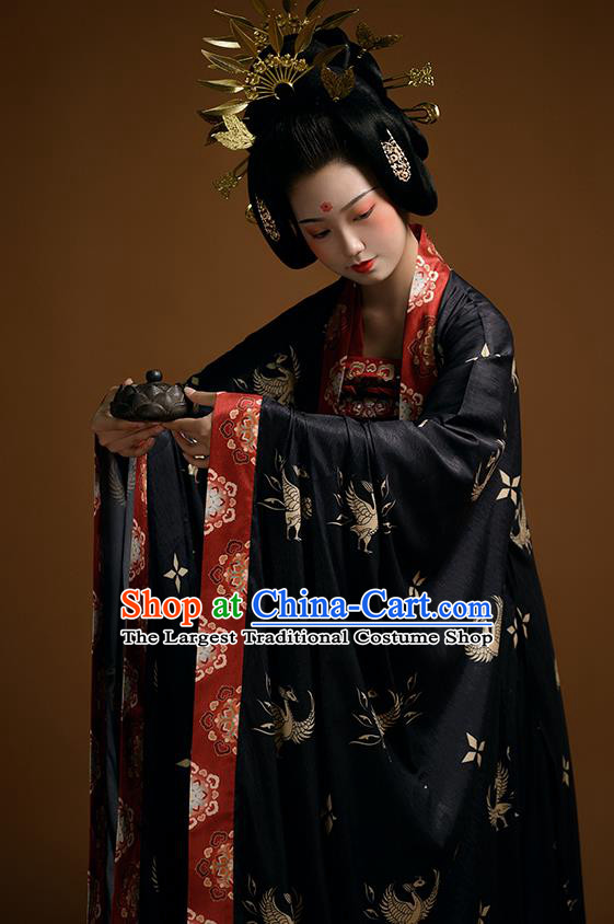 China Tang Dynasty Empress Clothing Ancient Imperial Consort Historical Garment Costumes Traditional Noble Woman Black Hanfu Dress Complete Set