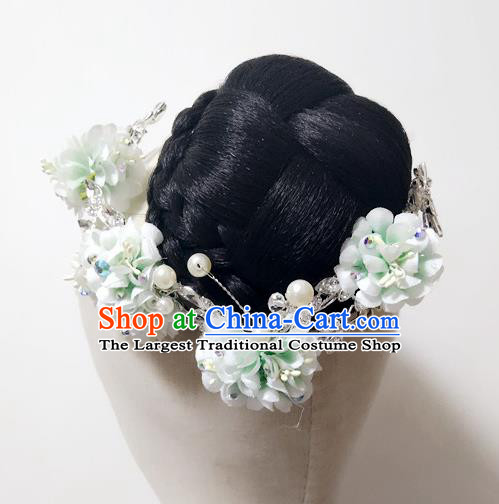 Chinese Women Jasmine Flower Dance Headdress Stage Performance Hairpieces Traditional Umbrella Dance Wigs Chignon Classical Dance Hair Accessories