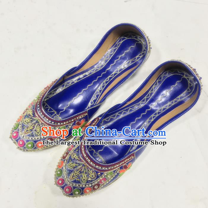 Handmade Indian Royalblue Embroidered Shoes Female Shoes Asian Wedding Bride Shoes India Folk Dance Shoes