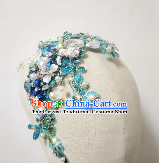 China Yangko Dance Hair Accessories Fan Dance Headpiece Women Yangge Hairpin Folk Dance Blue Flowers Hair Comb
