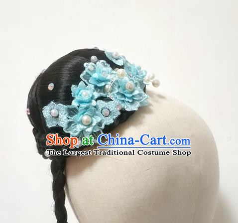 Chinese Stage Performance Blue Flowers Hairpieces Traditional Umbrella Dance Wigs Chignon Classical Dance Hair Accessories Women Dance Headdress