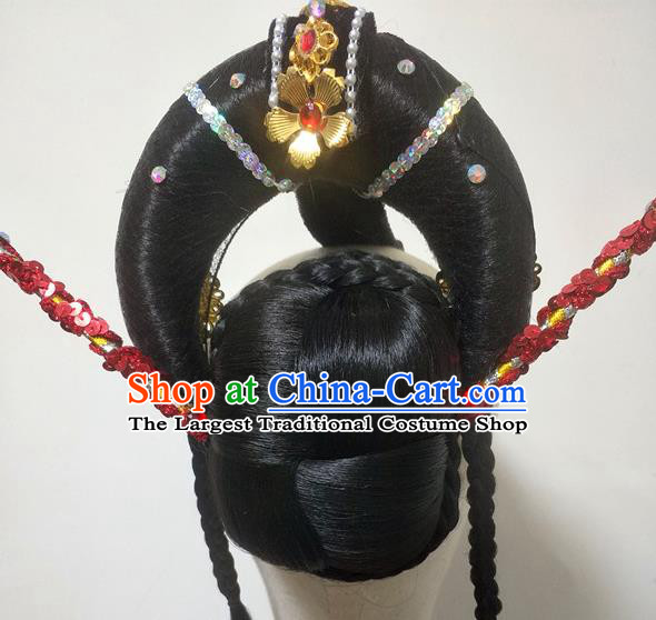 Chinese Classical Dance Hair Accessories Women Dance Headdress Stage Performance Hairpieces Traditional Goddess Dance Wigs Chignon