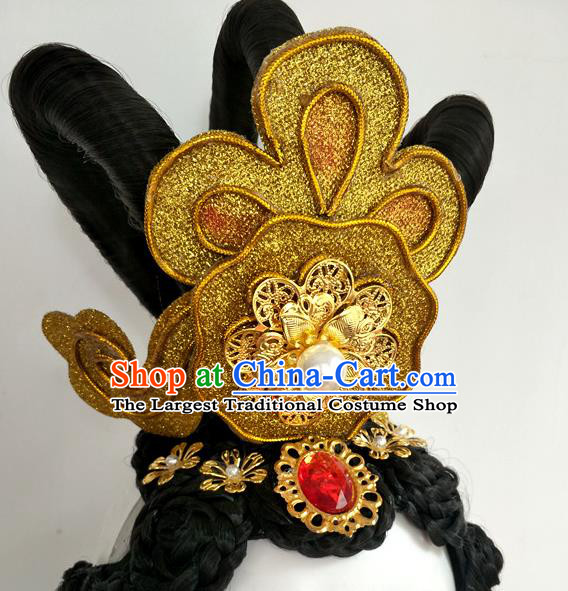 Chinese Flying Apsaras Dance Hairpieces Traditional Palace Dance Wigs Chignon Classical Dance Hair Accessories Women Group Dance Headdress