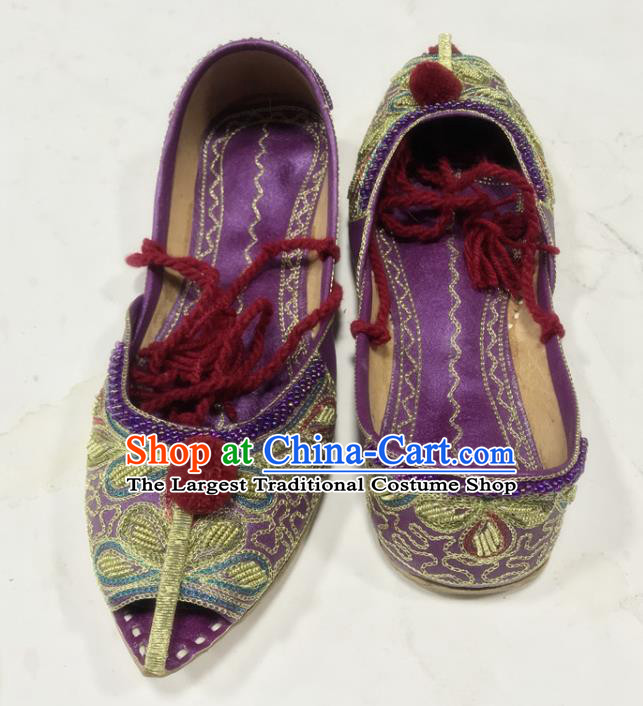 Handmade Asian Nepal Shoes India Female Purple Leather Shoes Indian Folk Dance Shoes Embroidery Shoes