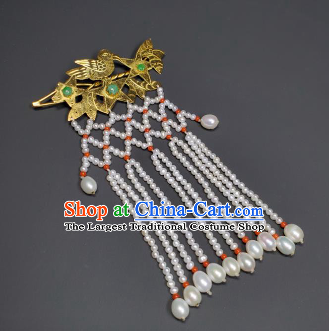 Chinese Ancient Empress Pearls Tassel Hairpin Traditional Qipao Dress Hair Accessories Handmade Qing Dynasty Queen Golden Bird Hair Stick