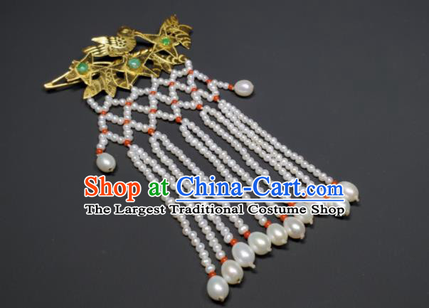 Chinese Ancient Empress Pearls Tassel Hairpin Traditional Qipao Dress Hair Accessories Handmade Qing Dynasty Queen Golden Bird Hair Stick