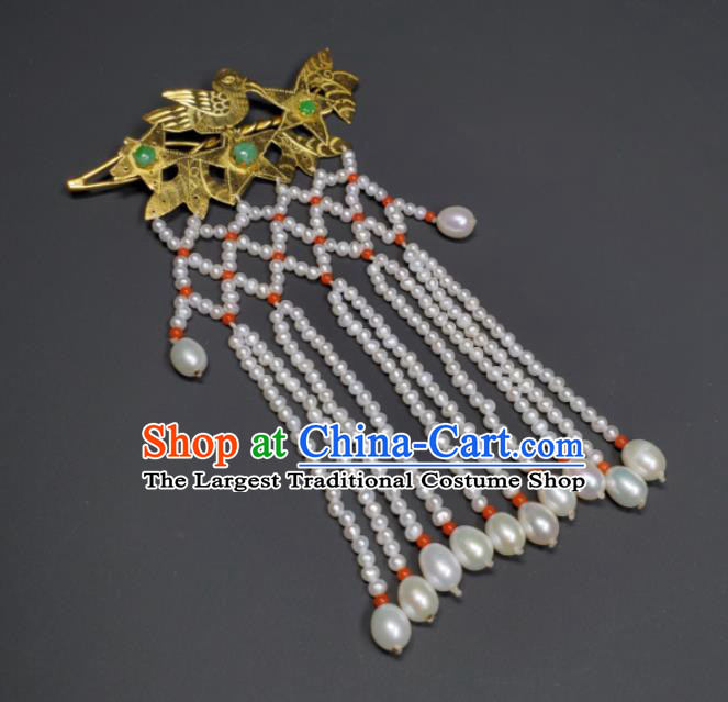 Chinese Ancient Empress Pearls Tassel Hairpin Traditional Qipao Dress Hair Accessories Handmade Qing Dynasty Queen Golden Bird Hair Stick