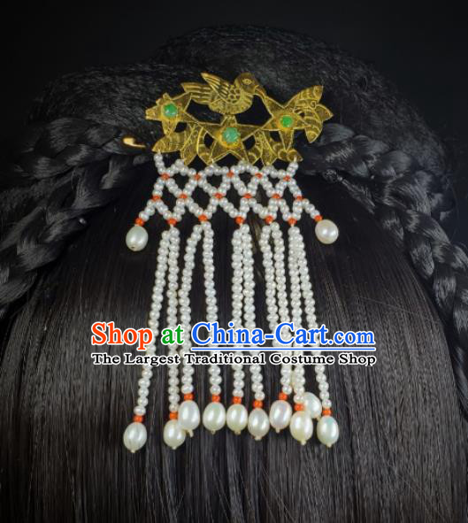 Chinese Ancient Empress Pearls Tassel Hairpin Traditional Qipao Dress Hair Accessories Handmade Qing Dynasty Queen Golden Bird Hair Stick