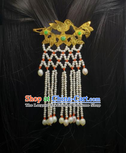 Chinese Ancient Empress Pearls Tassel Hairpin Traditional Qipao Dress Hair Accessories Handmade Qing Dynasty Queen Golden Bird Hair Stick