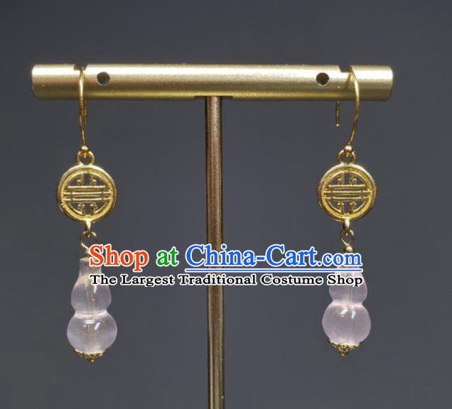 Handmade Chinese Traditional Ear Accessories National Rose Quartz Gourd Earrings Cheongsam Ear Jewelry Qing Dynasty Imperial Consort Eardrop