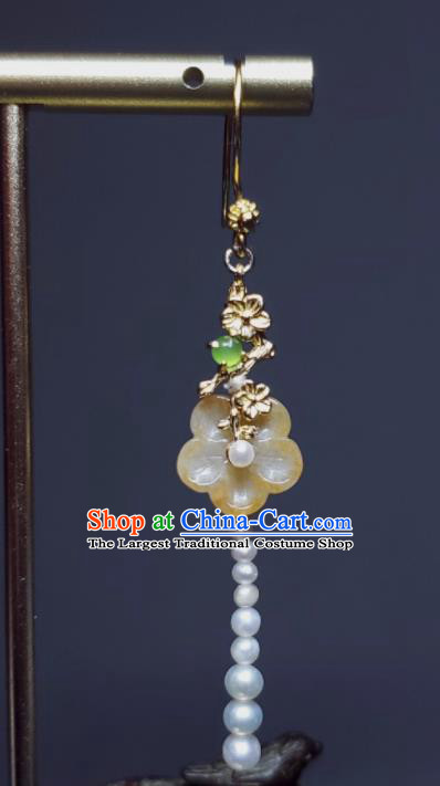 Handmade Chinese Cheongsam Jade Plum Ear Jewelry Song Dynasty Princess Eardrop Traditional Ear Accessories National Pearls Earrings