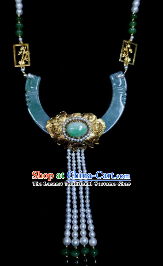 China Ancient Imperial Consort Necklace Accessories Qing Dynasty Jadeite Necklet Handmade Golden Lotus Jewelry