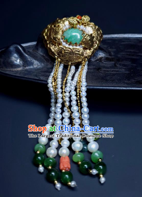 China Ancient Imperial Consort Necklace Accessories Qing Dynasty Jadeite Necklet Handmade Golden Lotus Jewelry