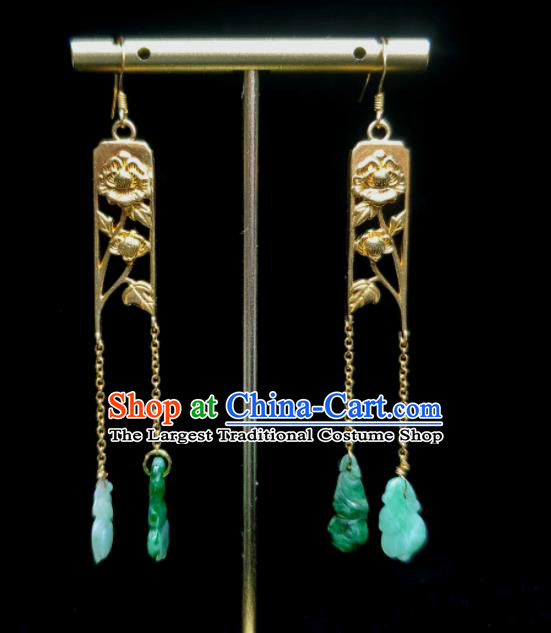 Handmade Chinese National Jadeite Tassel Earrings Cheongsam Ear Jewelry Qing Dynasty Golden Peony Eardrop Traditional Ear Accessories