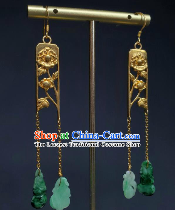 Handmade Chinese National Jadeite Tassel Earrings Cheongsam Ear Jewelry Qing Dynasty Golden Peony Eardrop Traditional Ear Accessories