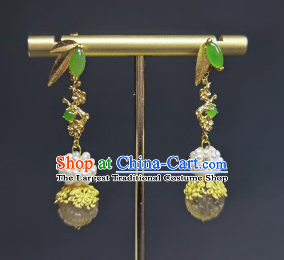 Handmade Chinese National Topaz Carving Earrings Traditional Jade Ear Jewelry Qing Dynasty Pearls Eardrop Cheongsam Ear Accessories