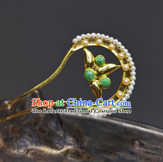 Chinese Handmade Qing Dynasty Queen Pearls Hair Stick Ancient Empress Golden Hairpin Traditional Hair Accessories
