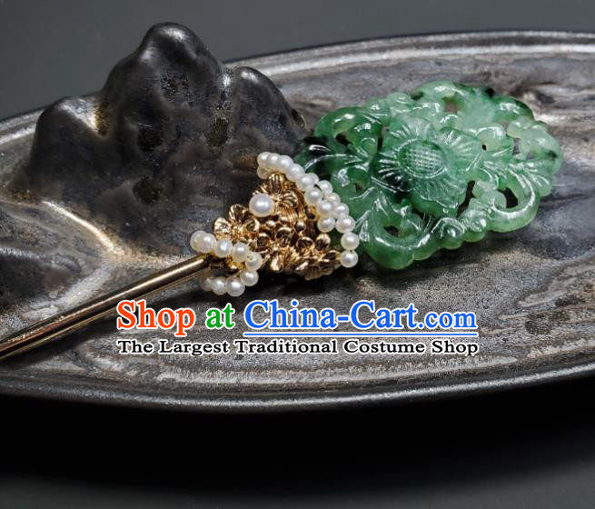 Chinese Traditional Jadeite Hair Accessories Handmade Qing Dynasty Queen Hair Stick Ancient Empress Pearls Hairpin