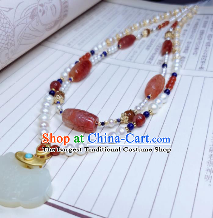China Handmade Jade Longevity Lock Jewelry Ancient Imperial Consort Necklace Accessories Qing Dynasty Agate Necklet