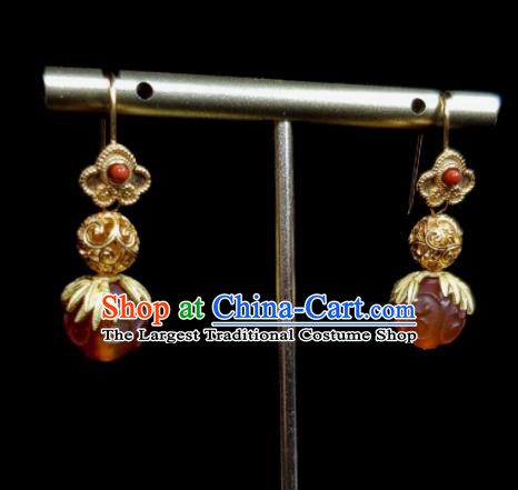 Handmade Chinese Qing Dynasty Palace Eardrop Cheongsam Ear Accessories National Agate Earrings Traditional Golden Gourd Ear Jewelry