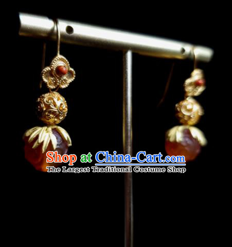 Handmade Chinese Qing Dynasty Palace Eardrop Cheongsam Ear Accessories National Agate Earrings Traditional Golden Gourd Ear Jewelry