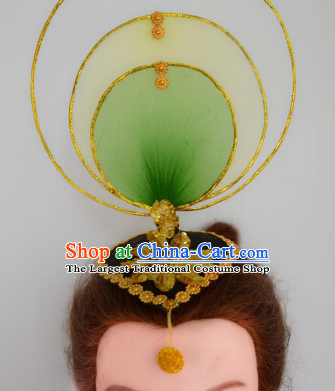 China Women Group Dance Hat Stage Performance Hair Accessories Classical Dance Headpiece Opening Dance Green Hair Crown