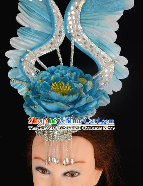 China Modern Dance Headpiece Opening Dance Blue Peony Hair Crown Women Group Dance Hat Flower Dance Hair Accessories