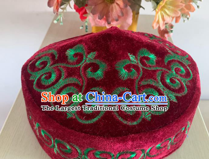 Chinese Kazak Nationality Embroidered Wine Red Pleuche Hat Xinjiang Minority Folk Dance Headdress Ethnic Male Performance Headwear