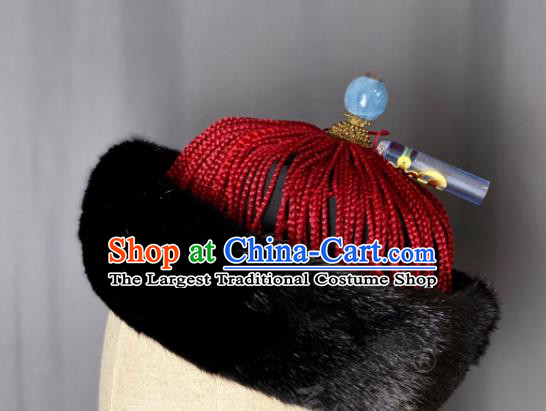 China Qing Dynasty Official Headdress Ancient Minister Winter Hat Traditional Manchu Royal Highness Headwear for Men