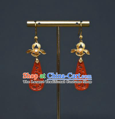 Handmade Chinese Agate Ear Accessories National Golden Orchid Earrings Traditional Cheongsam Ear Jewelry Qing Dynasty Court Eardrop