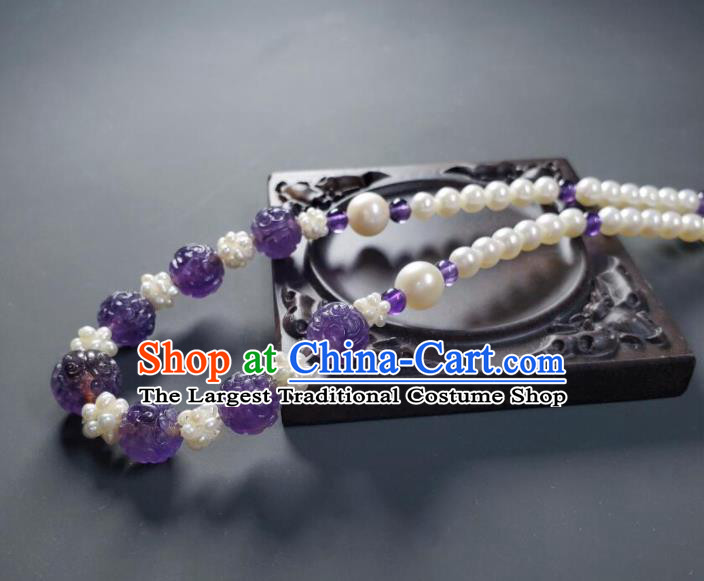 China Handmade Amethyst Jewelry Ancient Palace Lady Necklace Accessories Qing Dynasty Empress Pearls Necklet