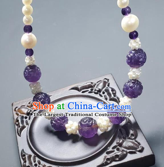 China Handmade Amethyst Jewelry Ancient Palace Lady Necklace Accessories Qing Dynasty Empress Pearls Necklet