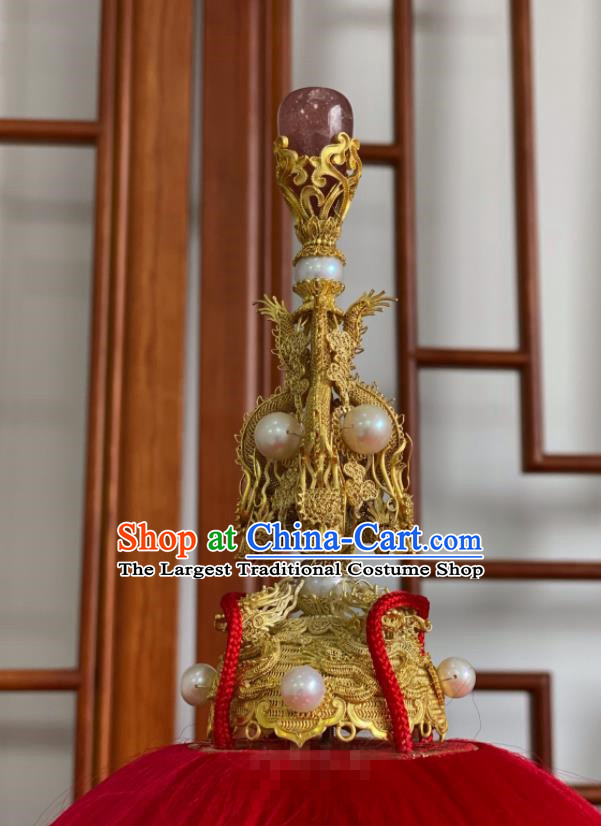 China Qing Dynasty Majesty Lord Headdress Ancient Emperor Pearls Hat Traditional Manchu King Kangxi Headwear for Men