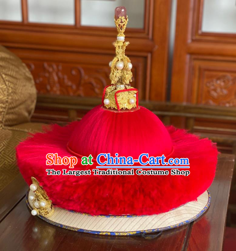 China Qing Dynasty Majesty Lord Headdress Ancient Emperor Pearls Hat Traditional Manchu King Kangxi Headwear for Men