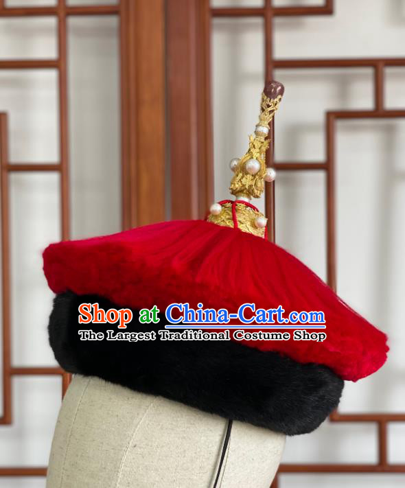 China Traditional Manchu Monarch Kangxi Headwear Qing Dynasty Majesty Lord Headdress Ancient Emperor Winter Fur Hat for Men