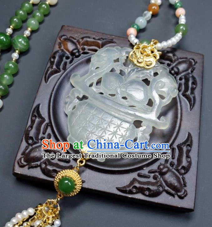 China Qing Dynasty Empress Pearls Tassel Necklet Handmade Jade Carving Flower Basket Jewelry Ancient Palace Lady Necklace Accessories
