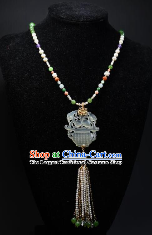 China Qing Dynasty Empress Pearls Tassel Necklet Handmade Jade Carving Flower Basket Jewelry Ancient Palace Lady Necklace Accessories