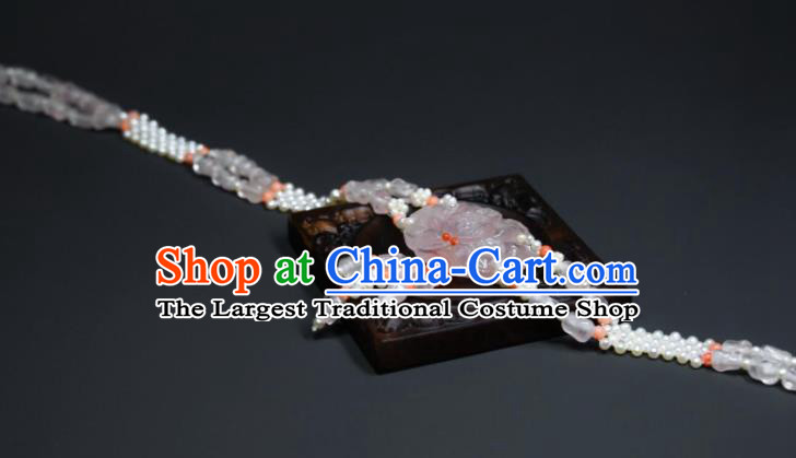 China Handmade Rose Quartz Carving Peony Jewelry Ancient Princess Necklace Accessories Qing Dynasty Palace Lady Pearls Necklet