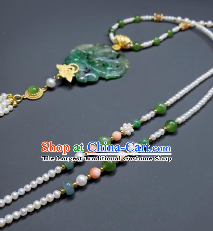 China Ancient Imperial Consort Necklace Accessories Qing Dynasty Empress Pearls Tassel Necklet Handmade Jadeite Carving Flower Basket Jewelry