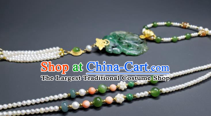 China Ancient Imperial Consort Necklace Accessories Qing Dynasty Empress Pearls Tassel Necklet Handmade Jadeite Carving Flower Basket Jewelry