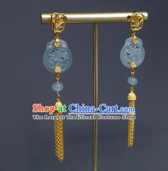 Handmade Chinese Qing Dynasty Court Eardrop Golden Tassel Ear Accessories National Jade Earrings Traditional Cheongsam Ear Jewelry