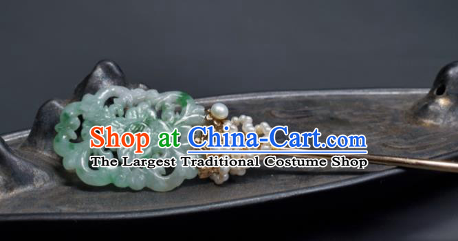 Chinese Ancient Empress Jade Hairpin Traditional Qipao Dress Hair Accessories Handmade Qing Dynasty Court Woman Pearls Hair Stick