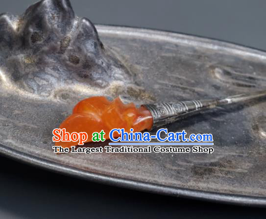 Chinese Handmade Qing Dynasty Court Woman Agate Mangnolia Hair Stick Ancient Imperial Consort Silver Hairpin Traditional Qipao Dress Hair Accessories