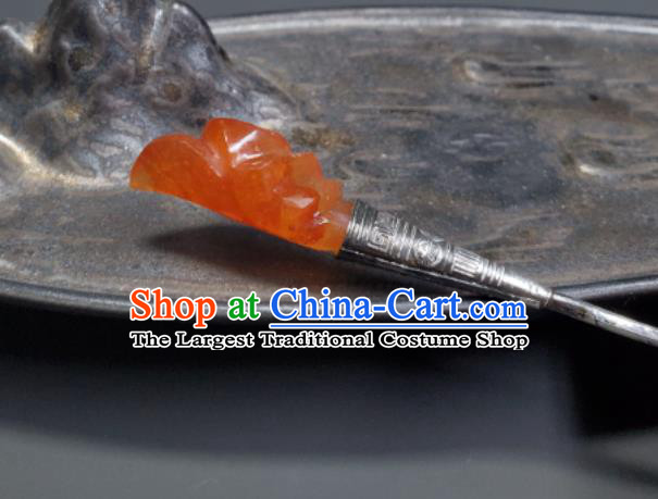 Chinese Handmade Qing Dynasty Court Woman Agate Mangnolia Hair Stick Ancient Imperial Consort Silver Hairpin Traditional Qipao Dress Hair Accessories