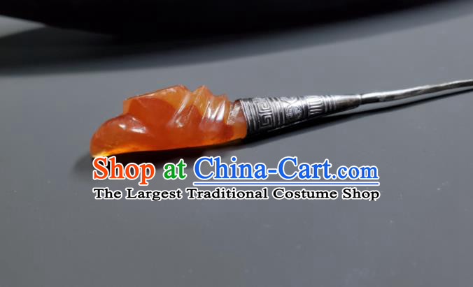 Chinese Handmade Qing Dynasty Court Woman Agate Mangnolia Hair Stick Ancient Imperial Consort Silver Hairpin Traditional Qipao Dress Hair Accessories