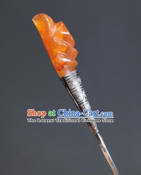 Chinese Handmade Qing Dynasty Court Woman Agate Mangnolia Hair Stick Ancient Imperial Consort Silver Hairpin Traditional Qipao Dress Hair Accessories