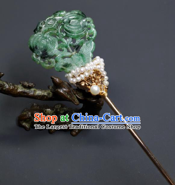 Chinese Traditional Qipao Dress Hair Accessories Handmade Qing Dynasty Court Woman Jade Butterfly Hair Stick Ancient Imperial Consort Pearls Hairpin