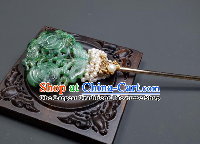 Chinese Traditional Qipao Dress Hair Accessories Handmade Qing Dynasty Court Woman Jade Butterfly Hair Stick Ancient Imperial Consort Pearls Hairpin