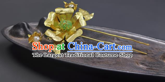 Chinese Ancient Imperial Consort Golden Peony Hairpin Traditional Qipao Dress Hair Accessories Handmade Qing Dynasty Court Woman Hair Stick